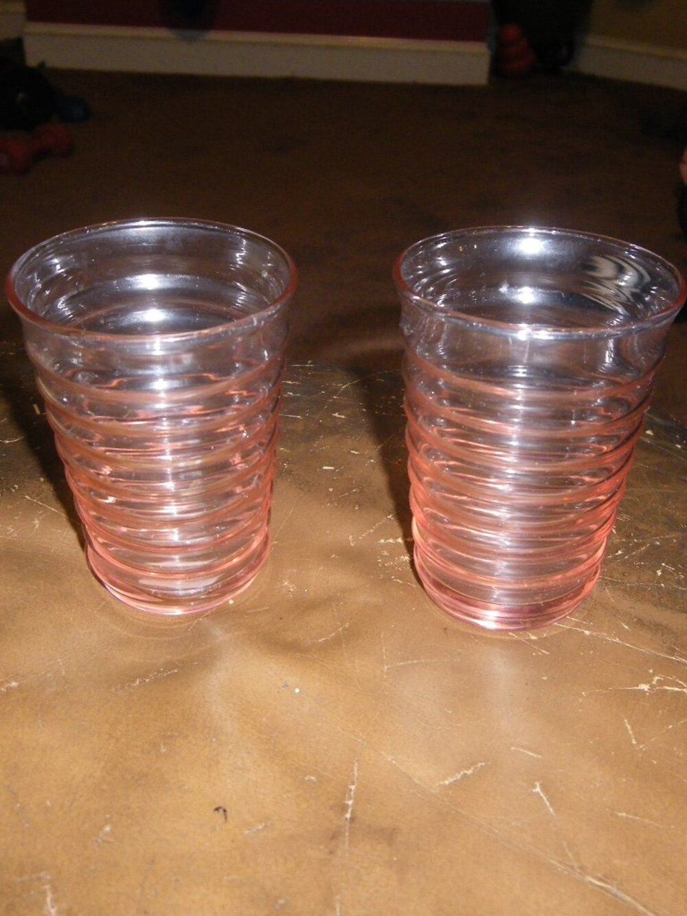 2 Vintage Small Ribbed Pink Hued Glasses